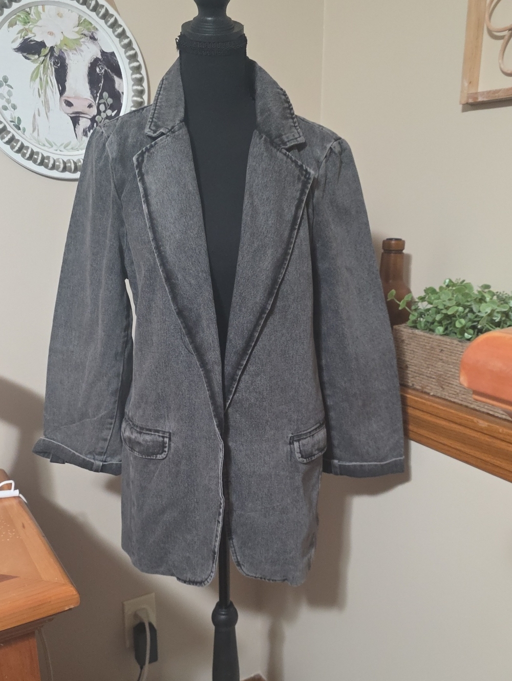Washed Black Denim Blazer Jacket - Unbranded